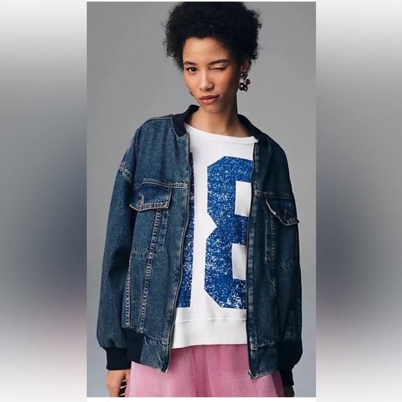 We The Free Stadium Denim Jacket Bomber Fabric Trim Pockets Zipper